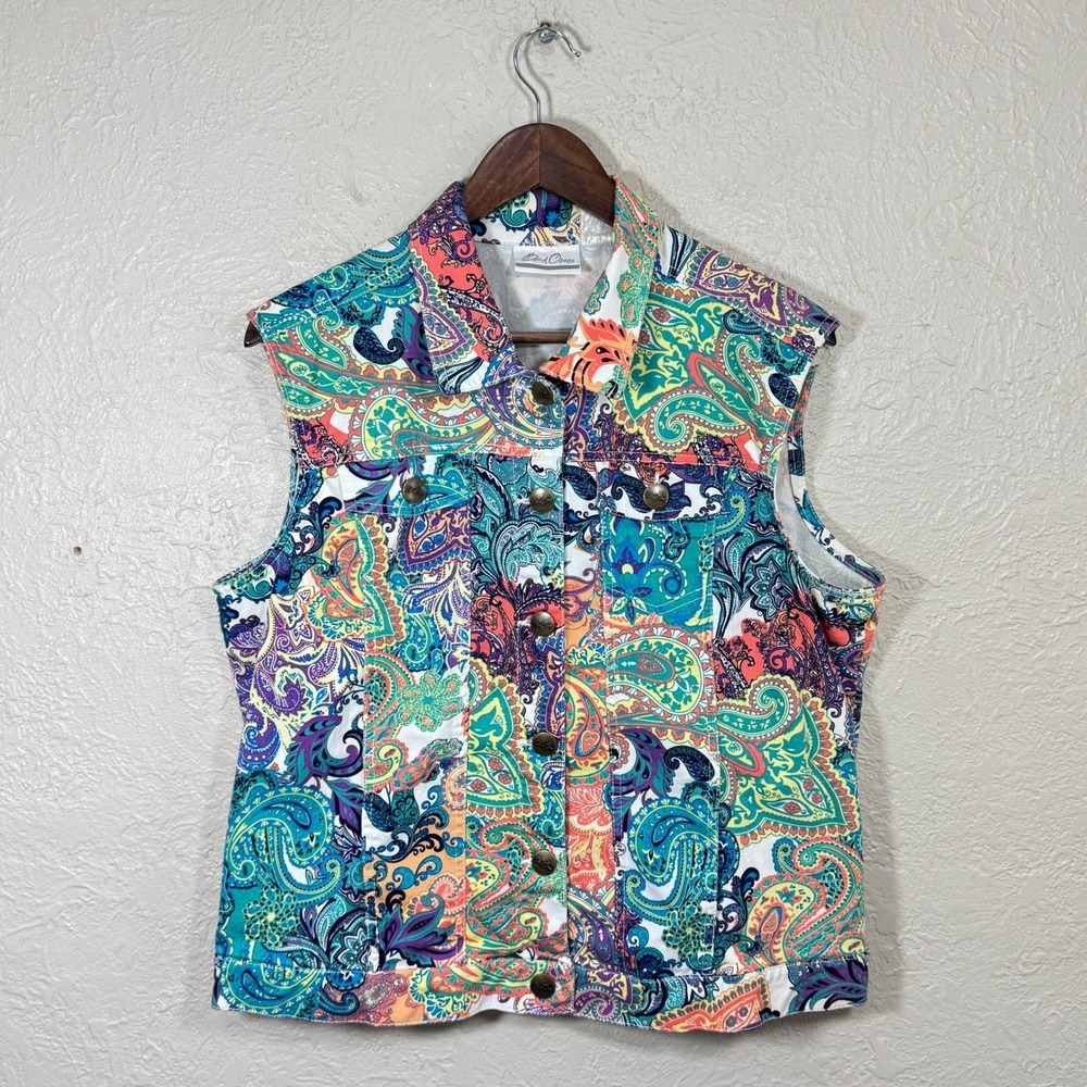 Vtg 90s Bend Over Levis Vest 14 Paisley Artsy Wacky Boho Cotton Stretch Travel